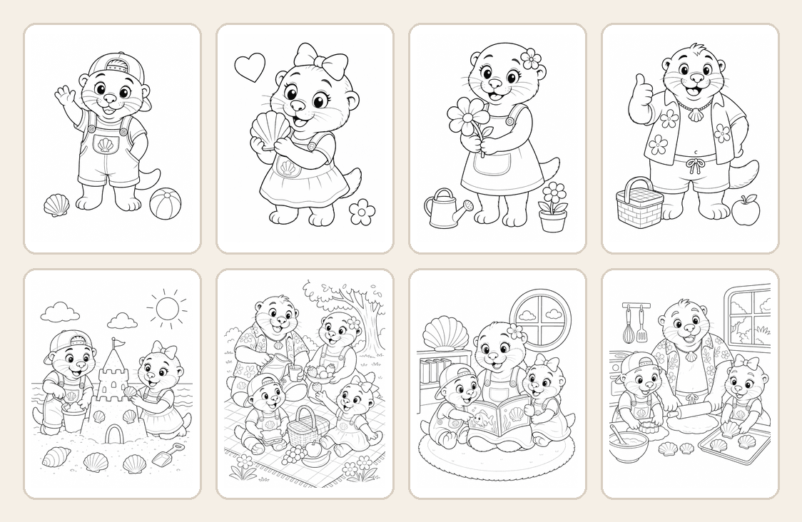Preview of eight Otty Family coloring pages